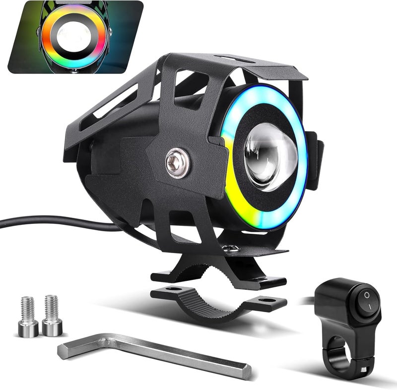 PAKRYS Motorcycle LED Fog Lights with Cutoff Line U9 Spotlight with High Low Strobe Beam Halo Rings White Central with U9 LED Running DRL Switches Clamps Universal Spotlights Driving Lights - Image 1